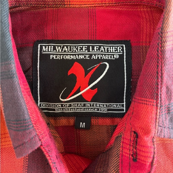 MILWAUKEE LEATHER Button-Up Flannel Shirt Mens M Red Orange Black Plaid Biker - Picture 5 of 10